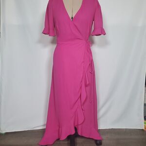 Lulu's Women’s Wrap Dress XS Hot Pink Ruffle High Low Short Sleeve Flowy